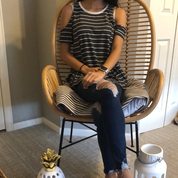 Grey and white stripe cold shoulder top - Picture 2 of 4